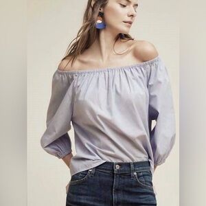 Anthropologie - Maeve Blue And White Stripe Poplin Off The Shoulder Blouse Small